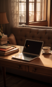 tranquil study nook with idle laptop and teatime